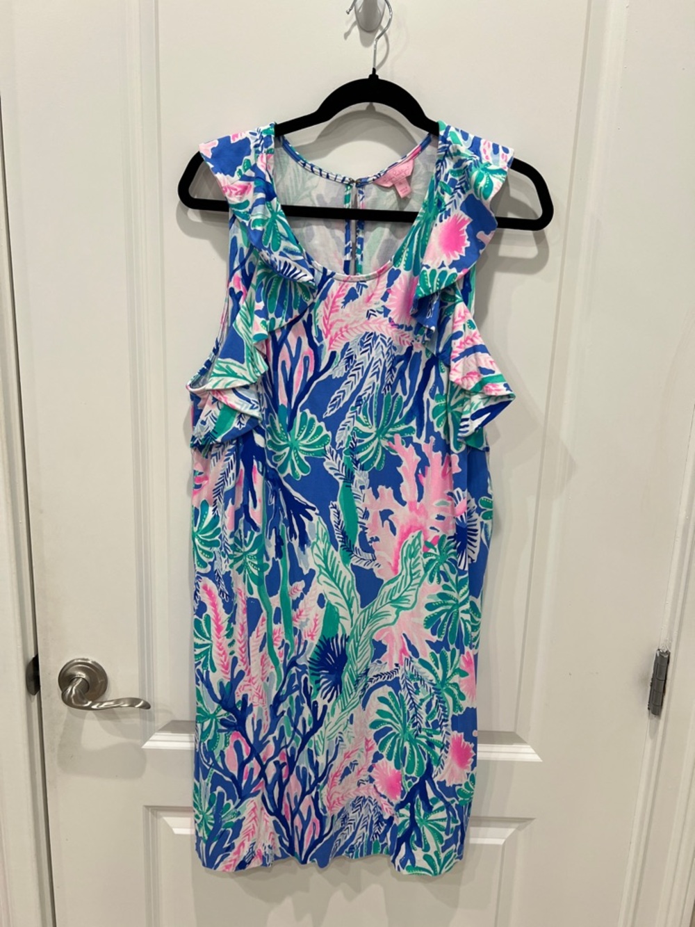 Lilly Pulitzer Blue, Pink & Green Ruffled Tropical Shift Dress